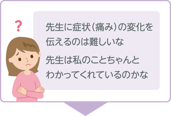 先生に症状(痛み)の変化を伝えるのは難しいな 先生は私のことちゃんとわかってくれているのかな